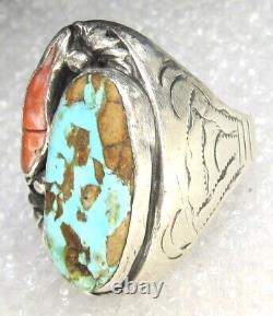 Navajo Turquoise Coral Ring OLD Hand Stamped Sterling Silver NATIVE AMERICAN s11