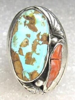 Navajo Turquoise Coral Ring OLD Hand Stamped Sterling Silver NATIVE AMERICAN s11