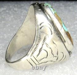 Navajo Turquoise Coral Ring OLD Hand Stamped Sterling Silver NATIVE AMERICAN s11