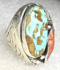 Navajo Turquoise Coral Ring OLD Hand Stamped Sterling Silver NATIVE AMERICAN s11