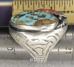 Navajo Turquoise Coral Ring OLD Hand Stamped Sterling Silver NATIVE AMERICAN s11