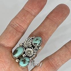 Navajo Turquoise Ring Sz 9 Flower Feather Signed Largo Native American Sterling