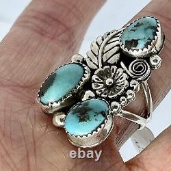 Navajo Turquoise Ring Sz 9 Flower Feather Signed Largo Native American Sterling