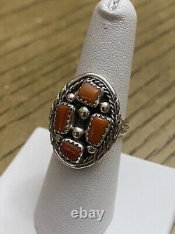Navajo Women's Ring Coral Cluster Stones Native American Signed M. Chee sz 7.5