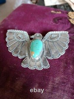 OLD PAWN VINTAGE NAVAJO FRED HARVEY STERLING TURQUOISE THUNDERBIRD PIN 3big