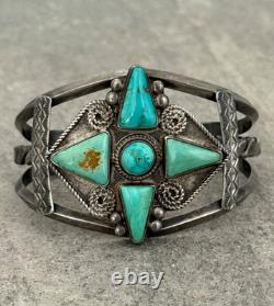 OLD Vintage Native American Navajo Turquoise CARINATED Silver Bracelet 6.75 in