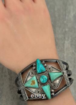 OLD Vintage Native American Navajo Turquoise CARINATED Silver Bracelet 6.75 in
