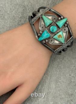 OLD Vintage Native American Navajo Turquoise CARINATED Silver Bracelet 6.75 in