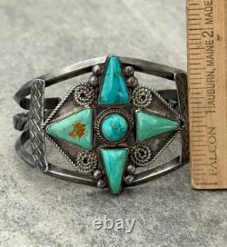 OLD Vintage Native American Navajo Turquoise CARINATED Silver Bracelet 6.75 in