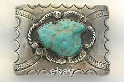 Old NAVAJO CONCHO BELT BUCKLE withExtra Large Blue TURQUOISE & great Stamping