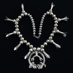 Old Native American Navajo Squash Blossom Necklace Sand Cast Sterling Yei Naja