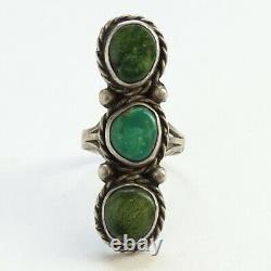Old Navajo Fred Harvey Era Green Turquoise Triple Stone Ring Signed H Size 8