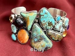 Old Pawn Native American Sterling 925 Turquoise Cuff Multi Stones E. KEE Navajo