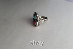 Old Pawn Sterling Snake Ring Coral & Turquoise Sz 9.5