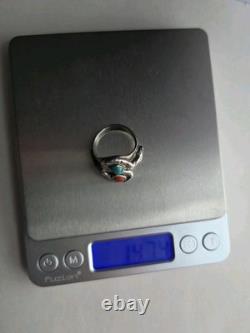 Old Pawn Sterling Snake Ring Coral & Turquoise Sz 9.5 Old Pawn Sterling Snake Ring Coral & Turquoise Sz 9.5