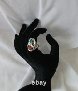 Old Pawn Sterling Snake Ring Coral & Turquoise Sz 9.5