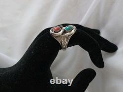 Old Pawn Sterling Snake Ring Coral & Turquoise Sz 9.5