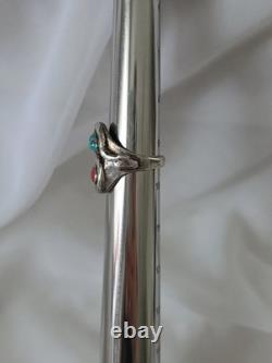 Old Pawn Sterling Snake Ring Coral & Turquoise Sz 9.5