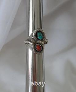 Old Pawn Sterling Snake Ring Coral & Turquoise Sz 9.5