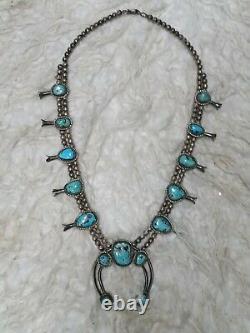 Old Pawn Vintage Navajo Sterling Silver Turquoise Squash Blossom Necklace