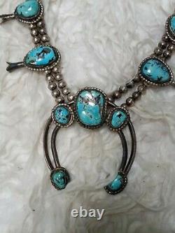 Old Pawn Vintage Navajo Sterling Silver Turquoise Squash Blossom Necklace