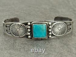 Old Vintage Native American Navajo Turquoise HAND CARVED Silver Bracelet 6.5 in