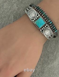 Old Vintage Native American Navajo Turquoise HAND CARVED Silver Bracelet 6.5 in