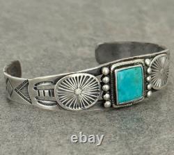 Old Vintage Native American Navajo Turquoise HAND CARVED Silver Bracelet 6.5 in
