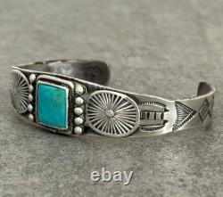 Old Vintage Native American Navajo Turquoise HAND CARVED Silver Bracelet 6.5 in