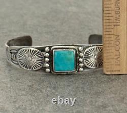 Old Vintage Native American Navajo Turquoise HAND CARVED Silver Bracelet 6.5 in