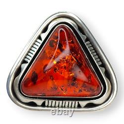 Outstanding Native American Navajo Signed Large Sterling Silver Amber Ring SZ 7