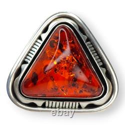 Outstanding Native American Navajo Signed Large Sterling Silver Amber Ring SZ 7