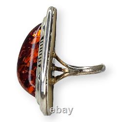 Outstanding Native American Navajo Signed Large Sterling Silver Amber Ring SZ 7