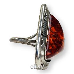 Outstanding Native American Navajo Signed Large Sterling Silver Amber Ring SZ 7
