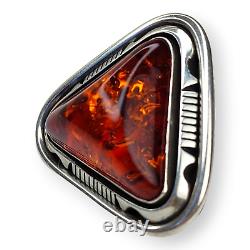 Outstanding Native American Navajo Signed Large Sterling Silver Amber Ring SZ 7