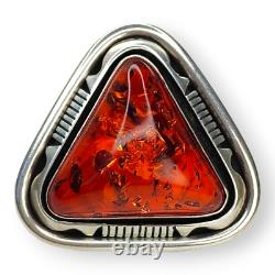 Outstanding Native American Navajo Signed Large Sterling Silver Amber Ring SZ 7