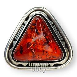 Outstanding Native American Navajo Signed Large Sterling Silver Amber Ring SZ 7
