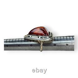 Outstanding Native American Navajo Signed Large Sterling Silver Amber Ring SZ 7