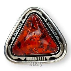 Outstanding Native American Navajo Signed Large Sterling Silver Amber Ring SZ 7