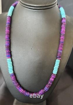 Purple Sugilite Blue Turquoise Bead Navajo Sterling Silver Necklace 22 17915