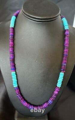 Purple Sugilite Blue Turquoise Bead Navajo Sterling Silver Necklace 22 17915