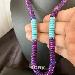Purple Sugilite Blue Turquoise Bead Navajo Sterling Silver Necklace 22 17915