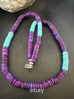 Purple Sugilite Blue Turquoise Bead Navajo Sterling Silver Necklace 22 17915