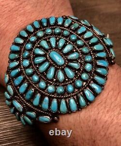 Rare Collectible Old Pawn Sterling Gem Blue Turquoise Cluster Cuff Bracelet 89+G