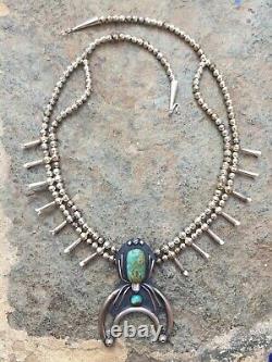 Rare Navajo Signed Sterling Silver Spider Naja 2-Strand Squash Blossom Necklace