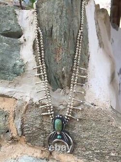 Rare Navajo Signed Sterling Silver Spider Naja 2-Strand Squash Blossom Necklace