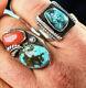 Rare Vintage Native American Navajo Signed Sterling Coral Turquoise Men's Rings