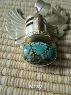 Rare Vintage Navajo Totem bird pendant Sterling Silver, Turquoise Circle JW