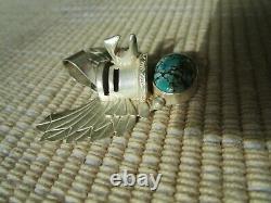 Rare Vintage Navajo Totem bird pendant Sterling Silver, Turquoise Circle JW