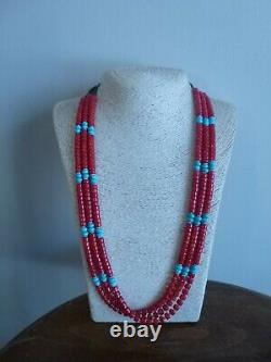 Red Coral And Turquoise and Silver Native American Navajo Style Necklace